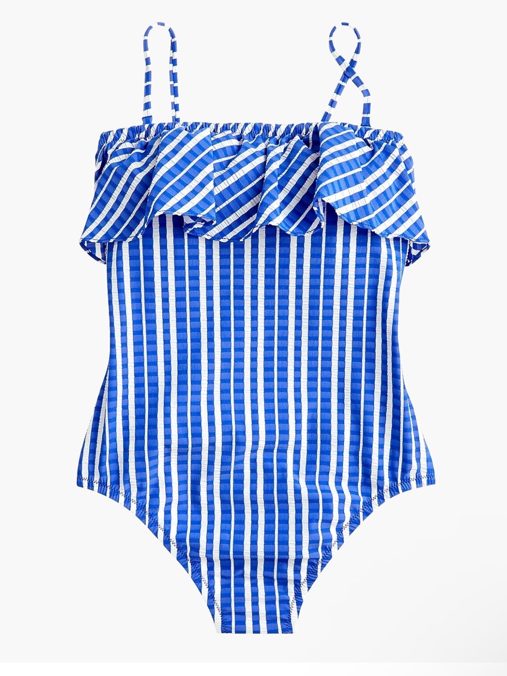 J. Crew Blue and White Striped Ruffle One-Piece Swim